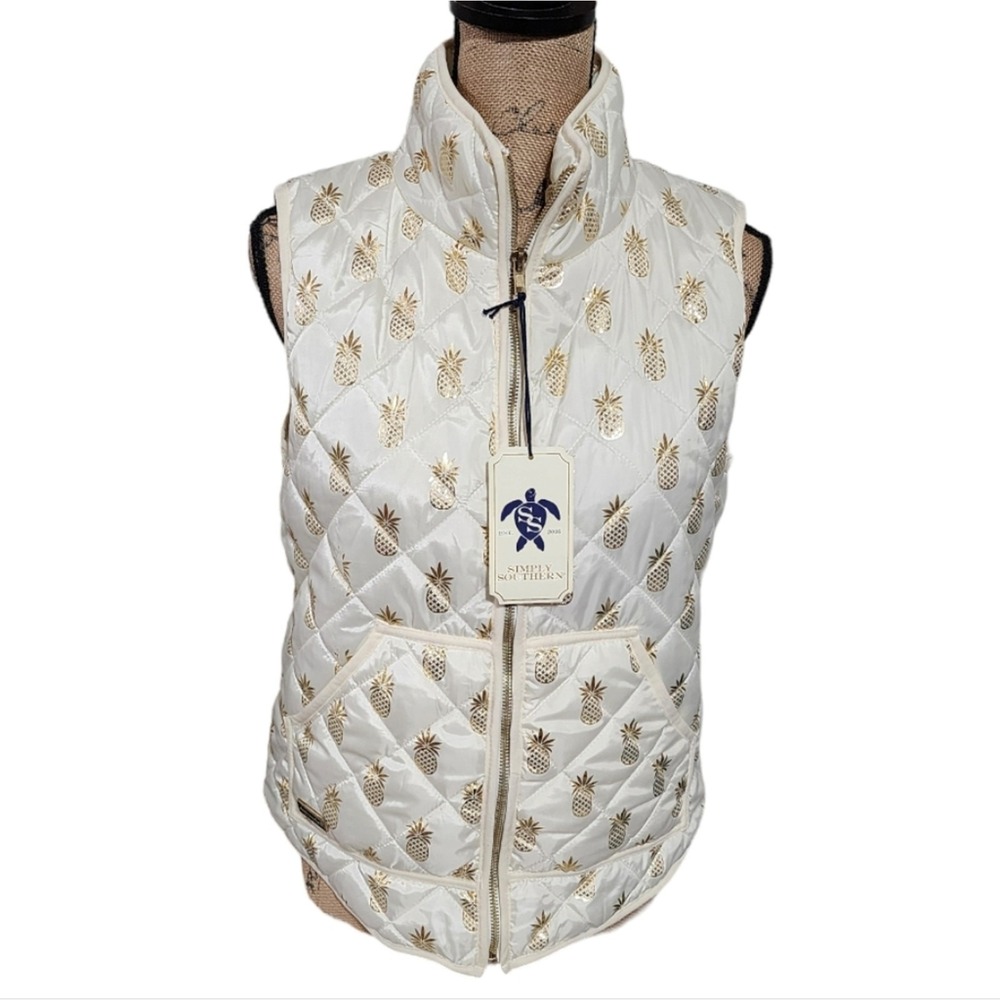 Simply Southern New White Gold Metallic Pineapple Quilted Puffer Vest Small‎ NWT